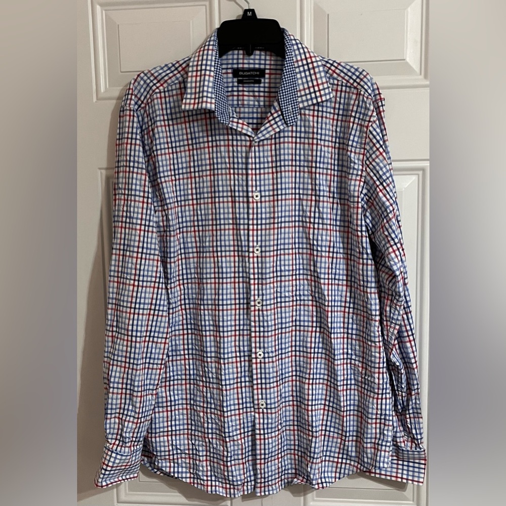 Bugatchi Shaped Fit Stretch Long Sleeve Button Up Shirt Blue‎ Red Check Mens L